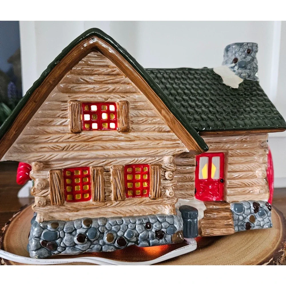 VTG 90's Welcome to Christmas in Vermont log lodge moosehead ceramic village